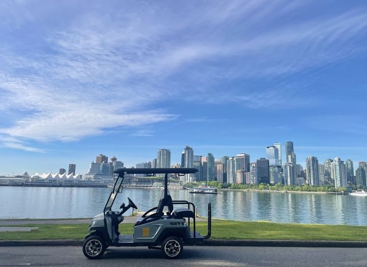 A HeyYa cart photographed against the Vancouver skyline